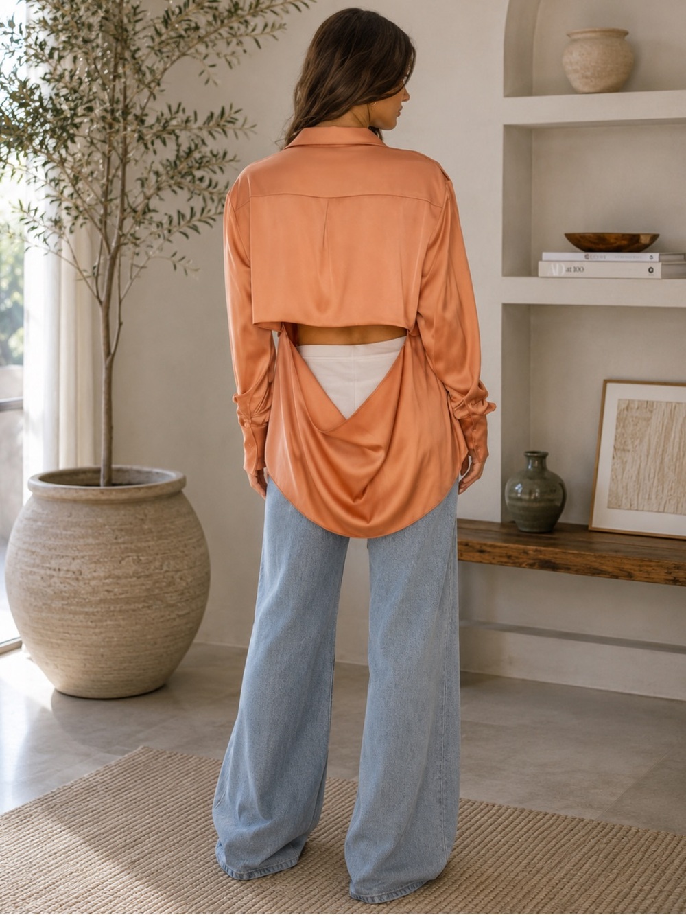 ShopEvelynne Rust Orange Draped Open-Back Satin Top